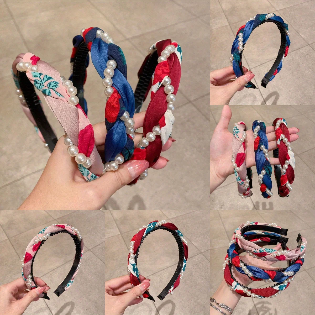 

Handmade Pearl Hairband Floral Print Cross Braid Design Non-Slip Comfort for Women Girls Party Wedding Hair Accessories Headwear