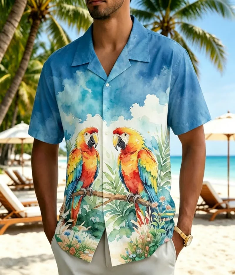 

Men's watercolor-style tropical floral print shirt, suitable for summer vacations, beach trips, daily commuting, and casual wear