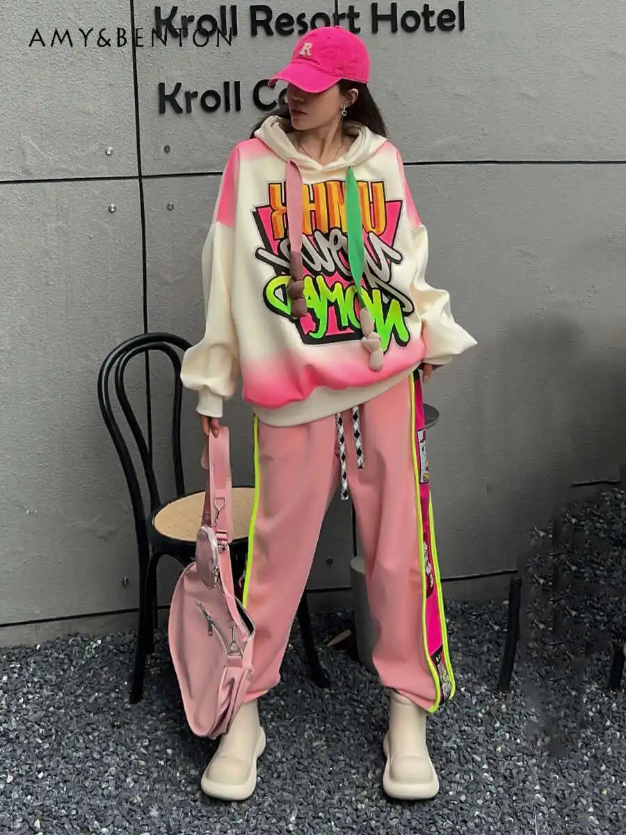 

European Street Hip Hop Hoodies Jogger Pants Gradual Change Color Two Piece Sets Womens Outifits Fashion Casual Sports Suit