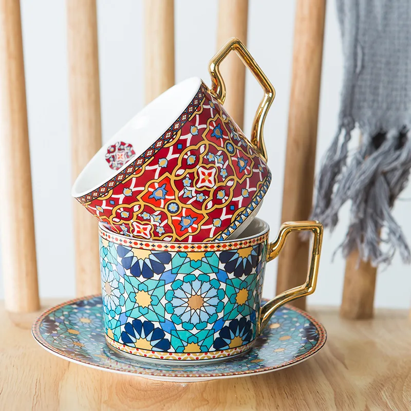Moroccan Style Coffee Cup & Saucer Set, European Porcelain Tea Cup, Gift Ready Packaging for Mail Delivery
