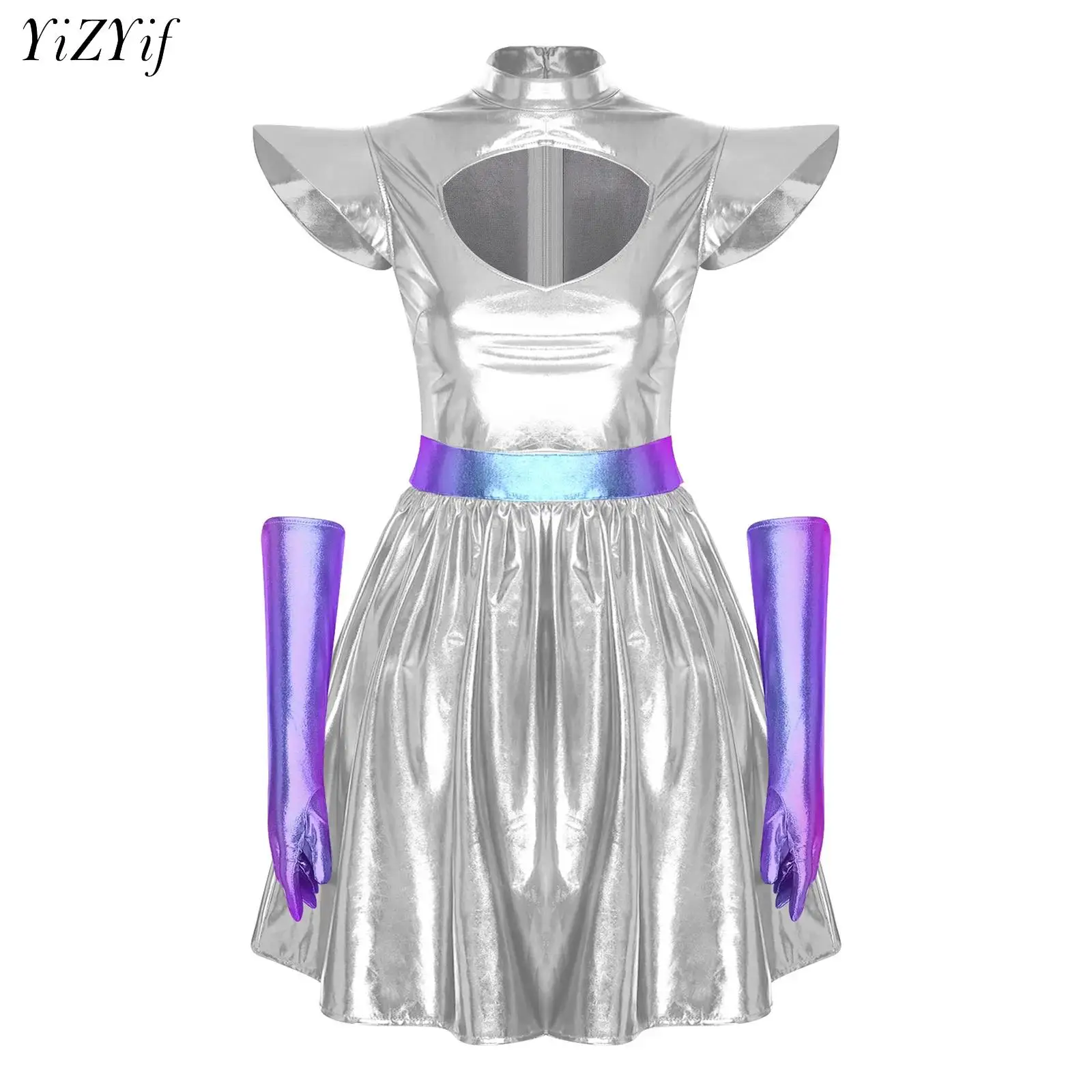 

Women Outer Space Alien Robot Costume Metallic Shiny Cutout Dress with Gloves Halloween Astronaut Theme Party Cosplay Dress Up