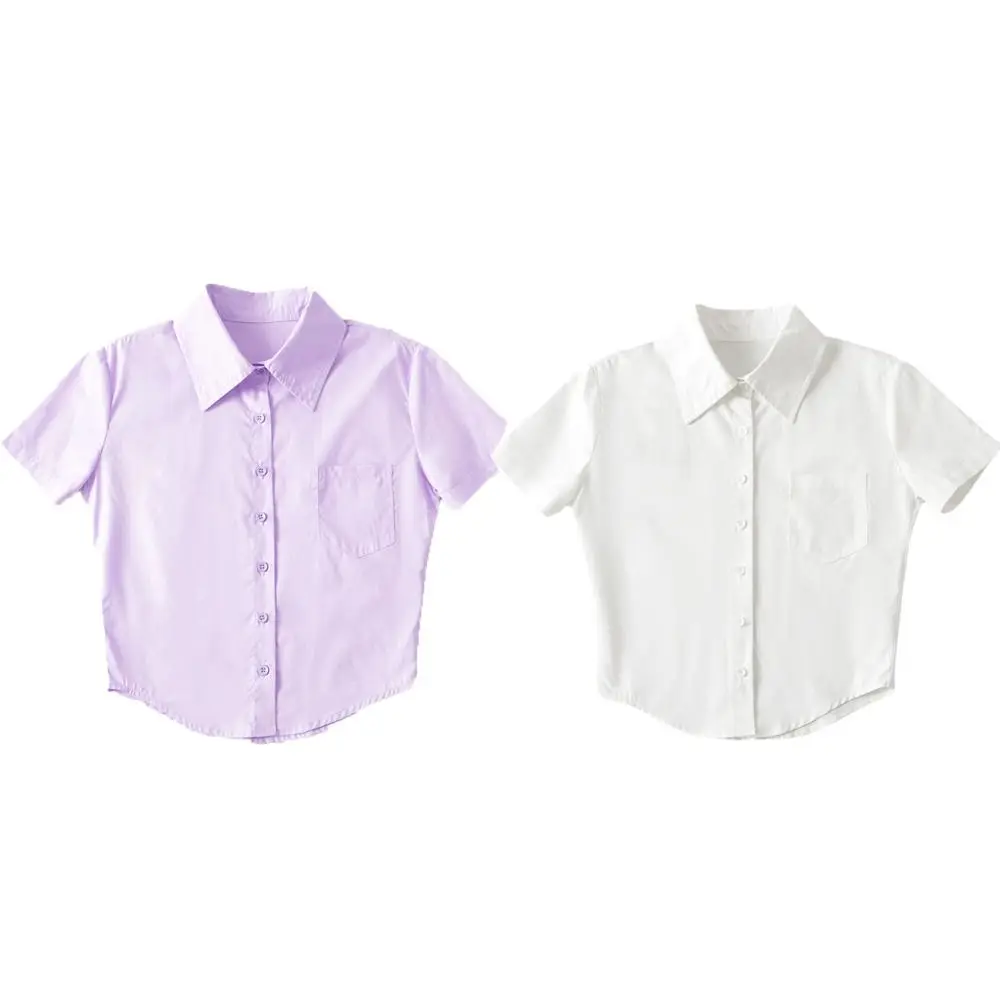 Рубашки с короткими рукавами в корейском стиле и v-образным вырезом с карманами на пуговицах, тонкая блузка, женский укороченный топ Y2K, милые женские рубашки для девочек