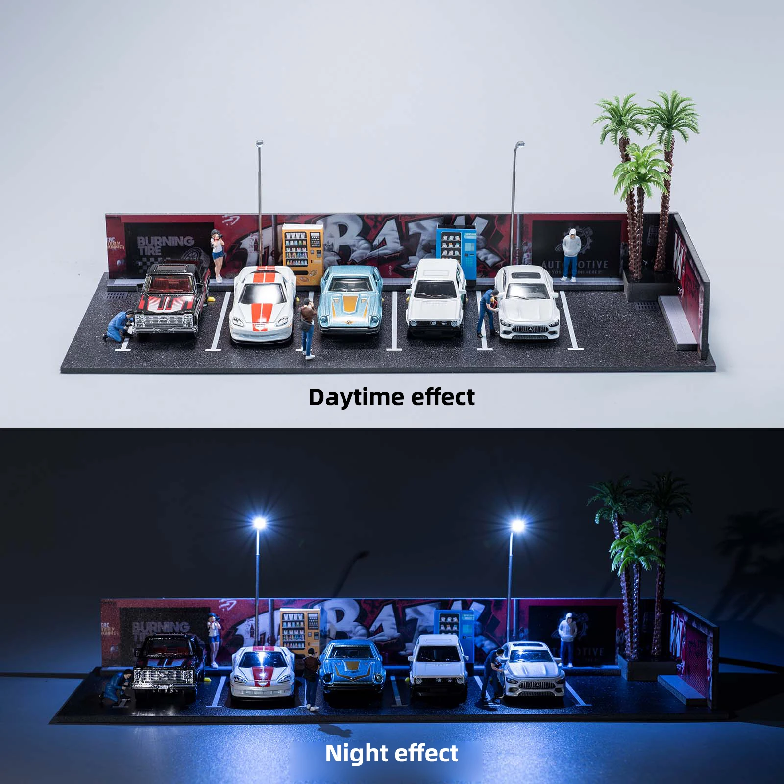 1/64 Scale Assembled Auto Repair Shop Scene Model Garage Desktop Display with LED Light Simulation Ornaments for Car Enthusiasts