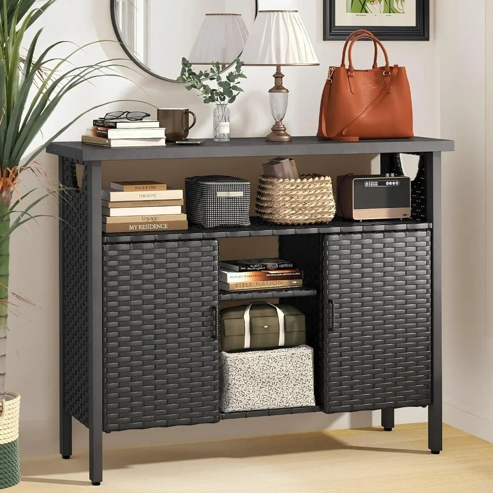 

Wood and Wicker Storage Cabinet, Outdoor Sideboard with Adjustable Shelves, Wood Countertop, Open Compartment,