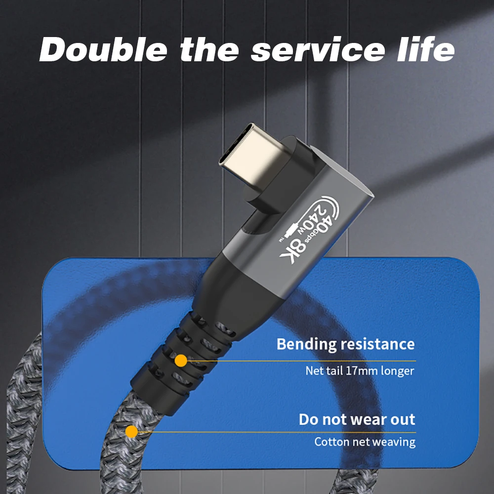 Thunderbolt USB 4 Cabo De Transferência De Dados, Ângulo De 90 Graus, 40Gbps, Cotovelo USB4, Tipo C, Thunderbolt3, PD240W, Carregamento Rápido