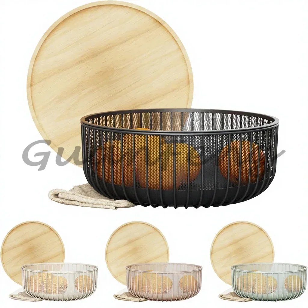 Black Wire Mesh Fruit Basket with Wooden Lid, Fly-Proof Indoor Kitchen Food Storage Holder
