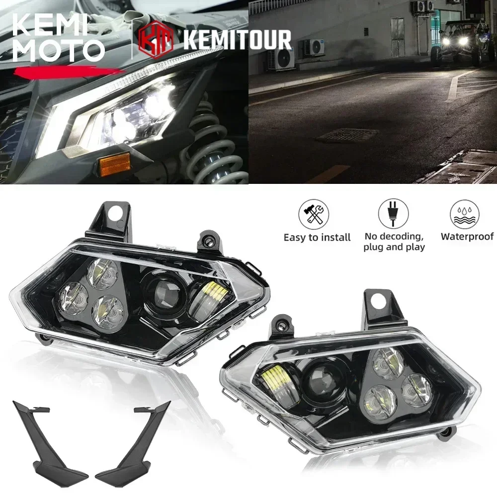 

KEMIMOTO UTV LED Headlights Assembly Head Lamp & Cover High/Low Beam for Can-Am Maverick X3 Max R RR XDS XRS Turbo DPS 4x4 2017+