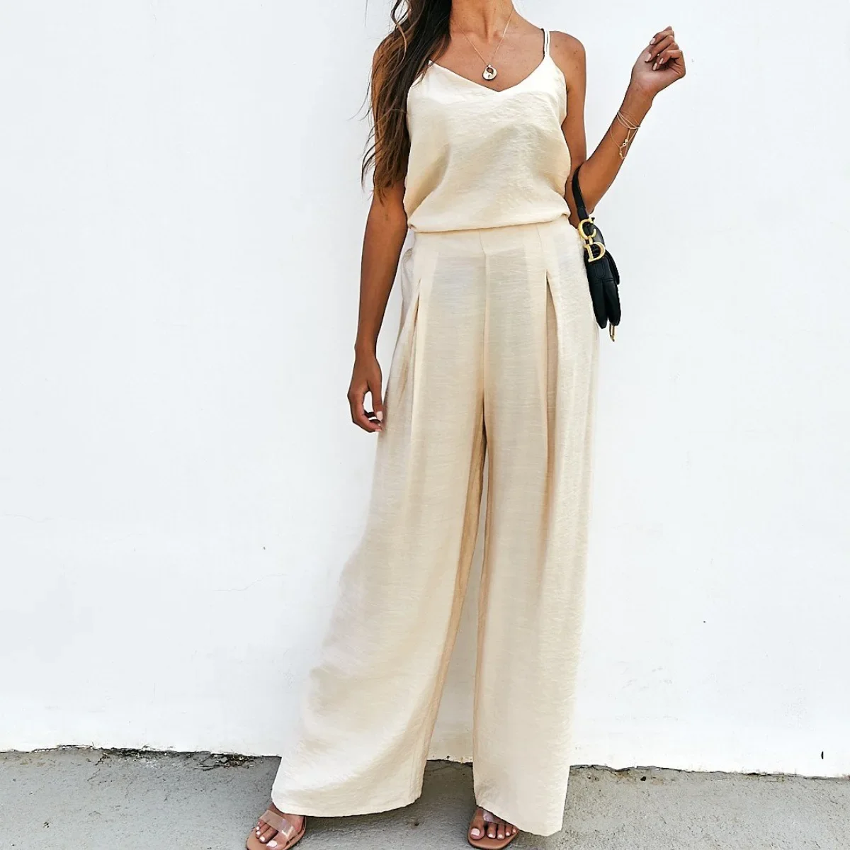 

Summer Sexy Halter V Neck Vest 2 Piece Set For Women's Long Pants Fashion Elegant Female Office Loose Wide-leg Long Pants Set