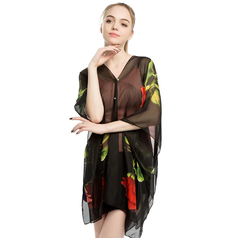 2022 Summer Poncho Capes Cycling Sunshade Shawl Women Silk Scarf New Chiffon Printing Sunscreen Lady Shawl Cloak Black