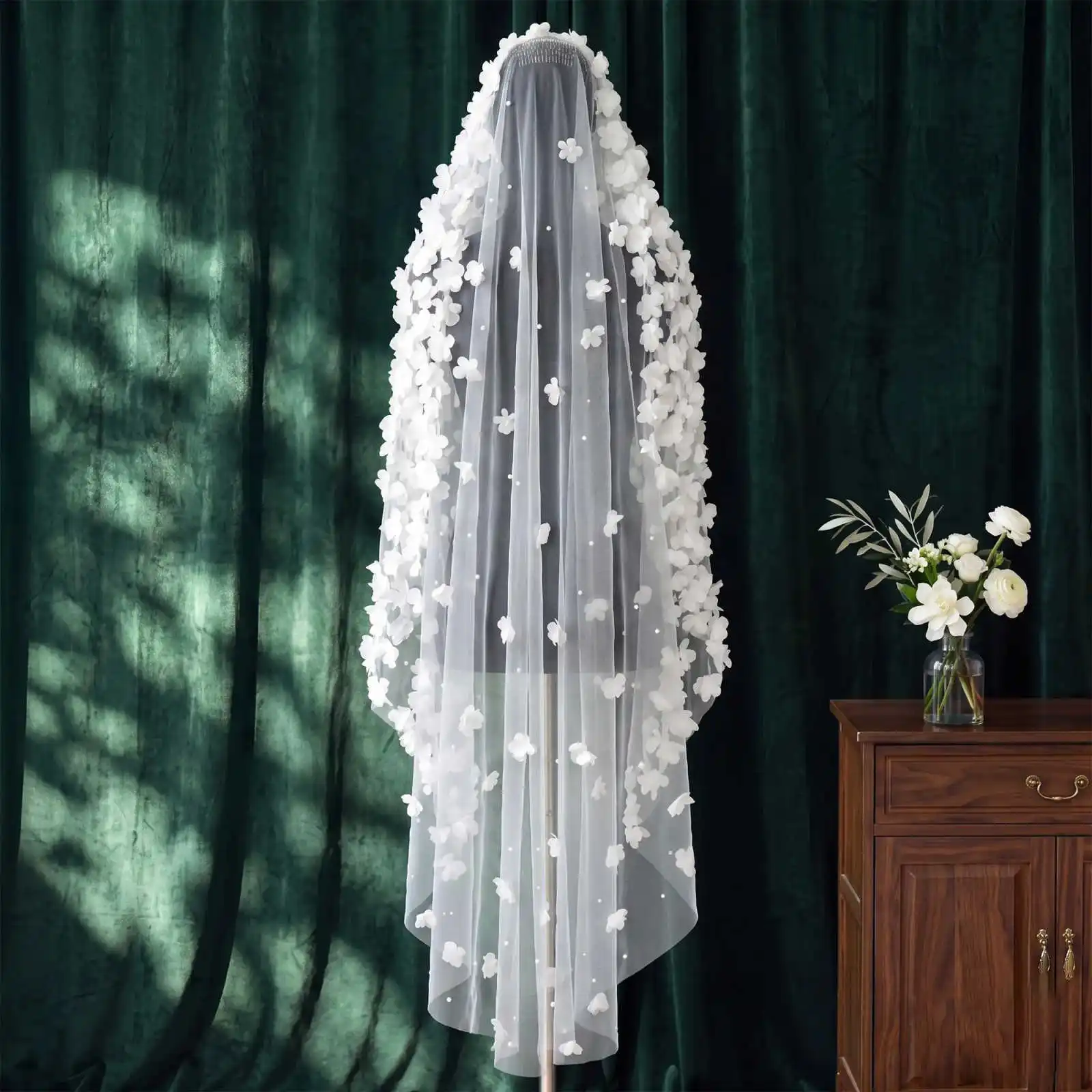 Romantic Bridal Veil 3D Floral Applique Sheer Tulle Cathedral Length Hand Sewn Floral Motifs Wedding Ceremony Banquet Customized