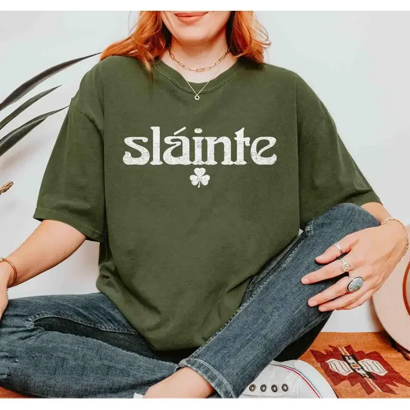 Vintage Slainte T Shirt Women Lucky St Patricks Day Shamrock Cute Funny Irish