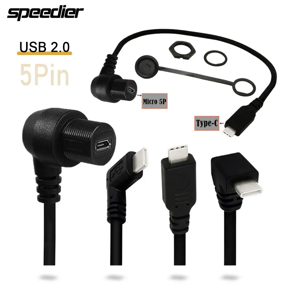 (300pcs/lot) USB 2.0 Type-c Male 90 Degree To USB 2.0 Micro 5Pin Female OTG AUX Flush Panel Mount Waterproof Cable for Car Truck