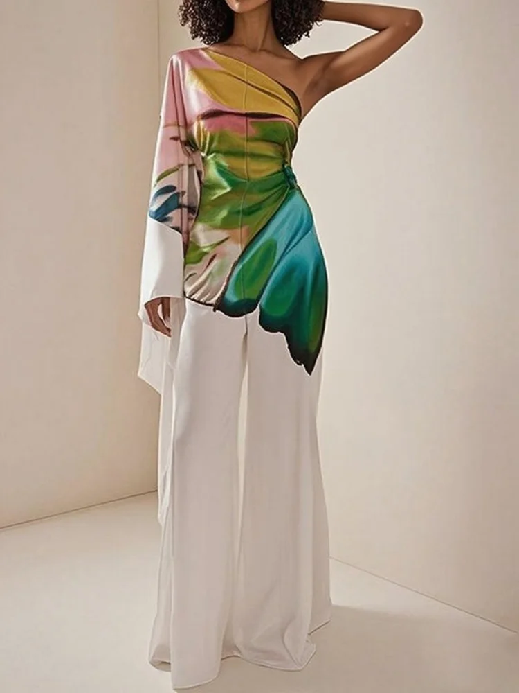 بدلة قفز نسائية أنيقة بأكمام واحدة من Freeacy بأكمام واسعة وساق واسعة فضفاضة مناسبة للحفلات بدلة من قطعة واحدة مآزر مطبوعة