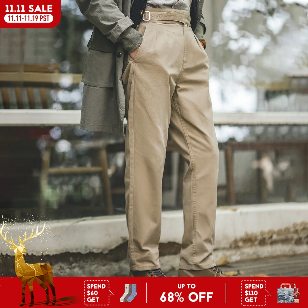 

Maden Vintage Gurkha Pants Khaki Casual Cargo Work Pants Adjustable High Waist Classic Straight Trousers for Men's Spring Fall