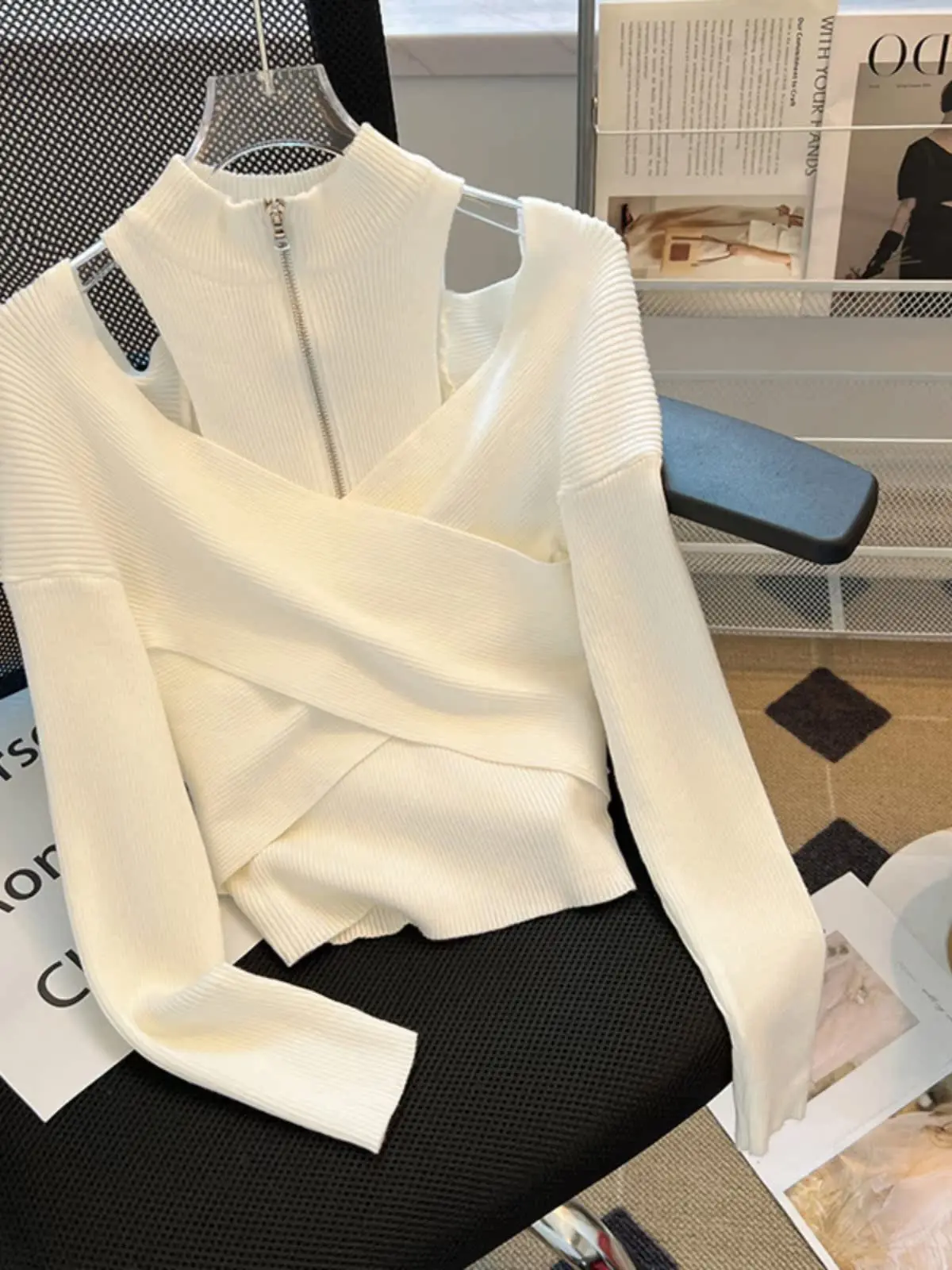 ربيع الخريف oulder Bared المرأة محبوك سترة سستة f عالية طوق قاعدة طبقة العصرية طويلة Sve انبعاث الدفء #3