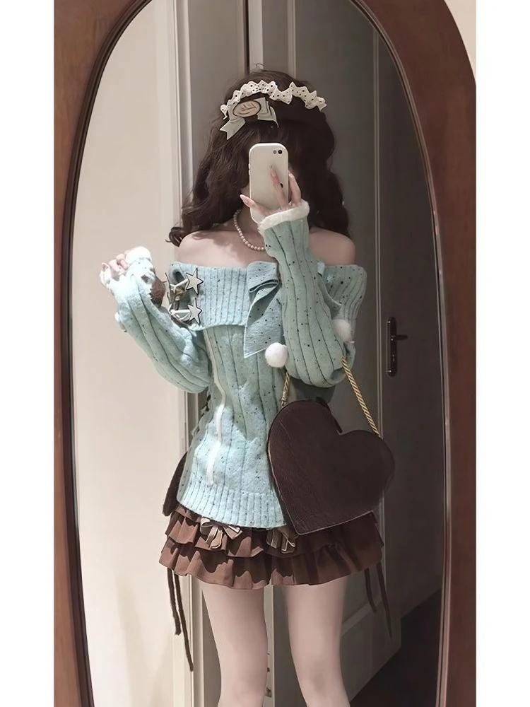 Outono inverno doce sexy y2k e-girls fino ajuste jumpers fora do ombro camisola de malha casual manga longa moda coreana pullovers