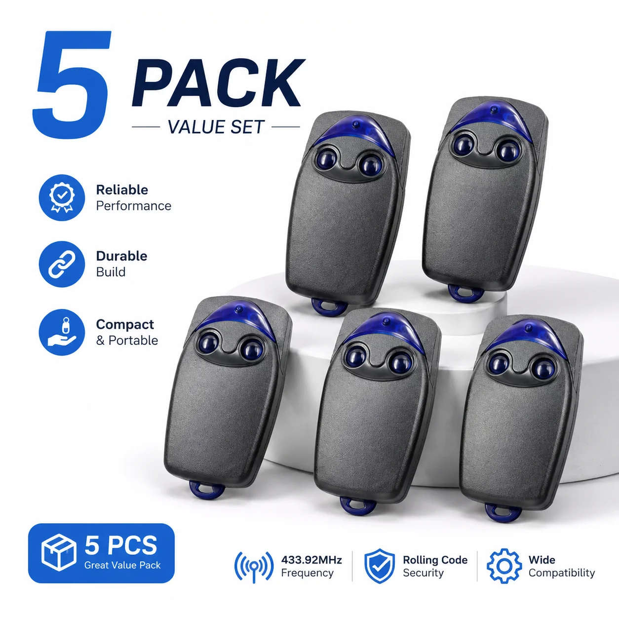 5PCS 433.92MHz Rolling Code Garage Door Remote Control Compatible FLO2R-S FL04R-S Replacement Transmitter Opener Key Fob