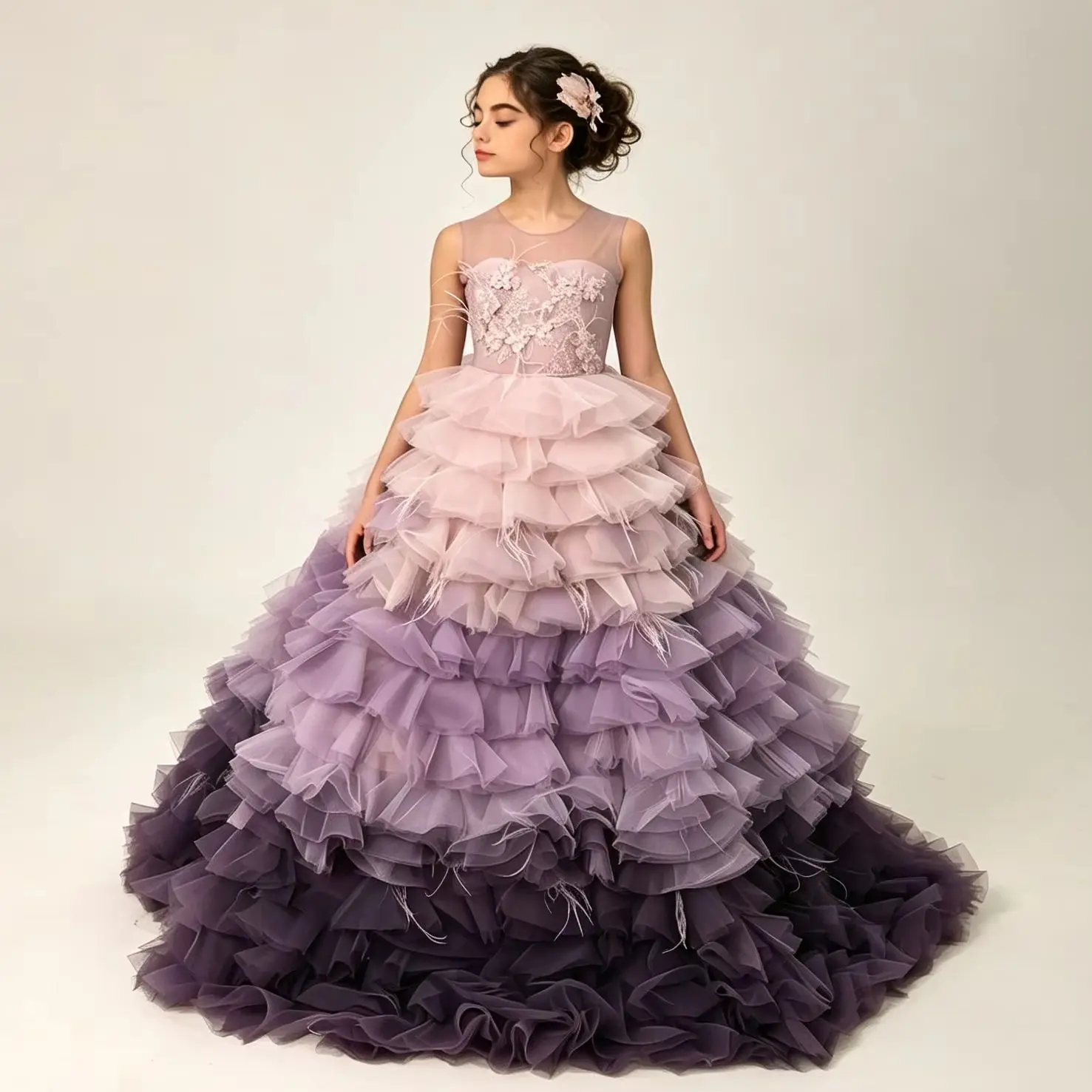 Luxury Tiered Purple Flower Girl Dress Feather Lace Applique Princess Gown for Kids Birthday Wedding Party Gowns Customized