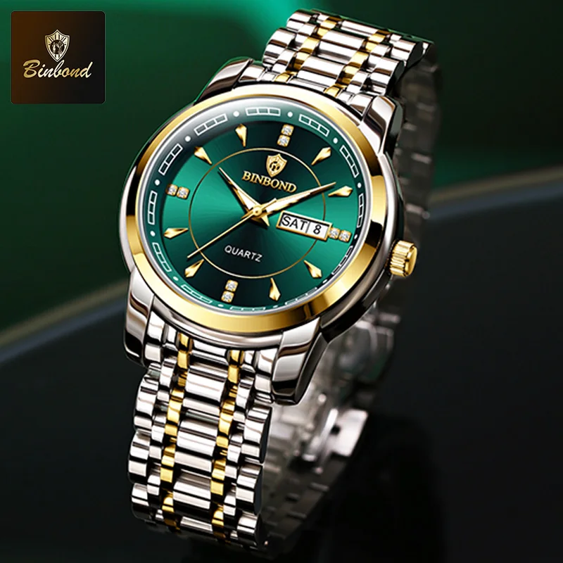 BINBOND новые роскошные деловые мужские кварцевые часы модные водонепроницаемые многофункциональные мужские часы из нержавеющей стали Relogio Masculino