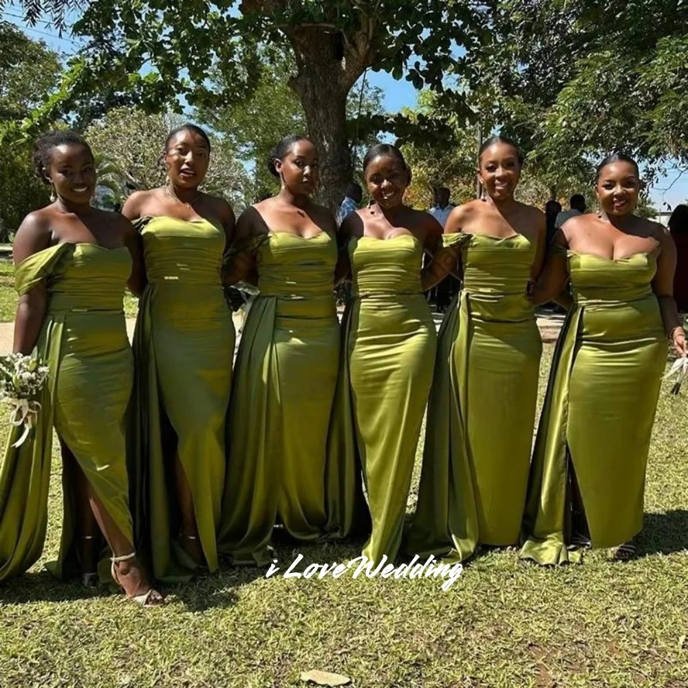 Green One Shoulder Bridesmaid Dress 2025 Satin Mermaid Pleat Side Split Ankle-Length Sweep Train Wedding Party Dress Customized