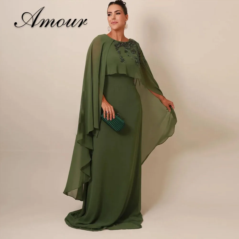 Amour Green Chiffon Prom Evening Dress with Cape Embellished Customized Elegant Wedding Guest Gown Mermaid Formal Occasion Dress