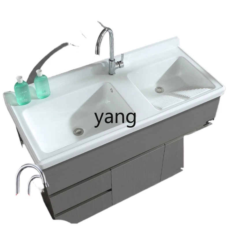 

CX Wash Wardrobe Double Basin Ceramic Balcony with Washboard Laundry Tub Modern Stainless Steel