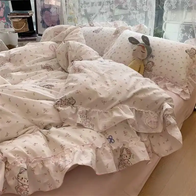Koreanischen Stil Prinzessin Floral Bettwäsche Set Gewaschene Baumwolle Vintage Französisch Pastoralen Blumen Spitze Rüschen Bettbezug Set Kissenbezug – Detail 7