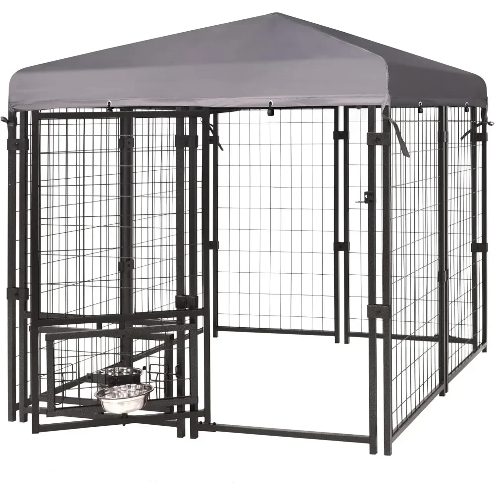 

# Dog Kennel Outdoor Indoor With Roof And Rotating Feeding Doors, Large Metal Dog Pen Enclosure House Heavy Duty #