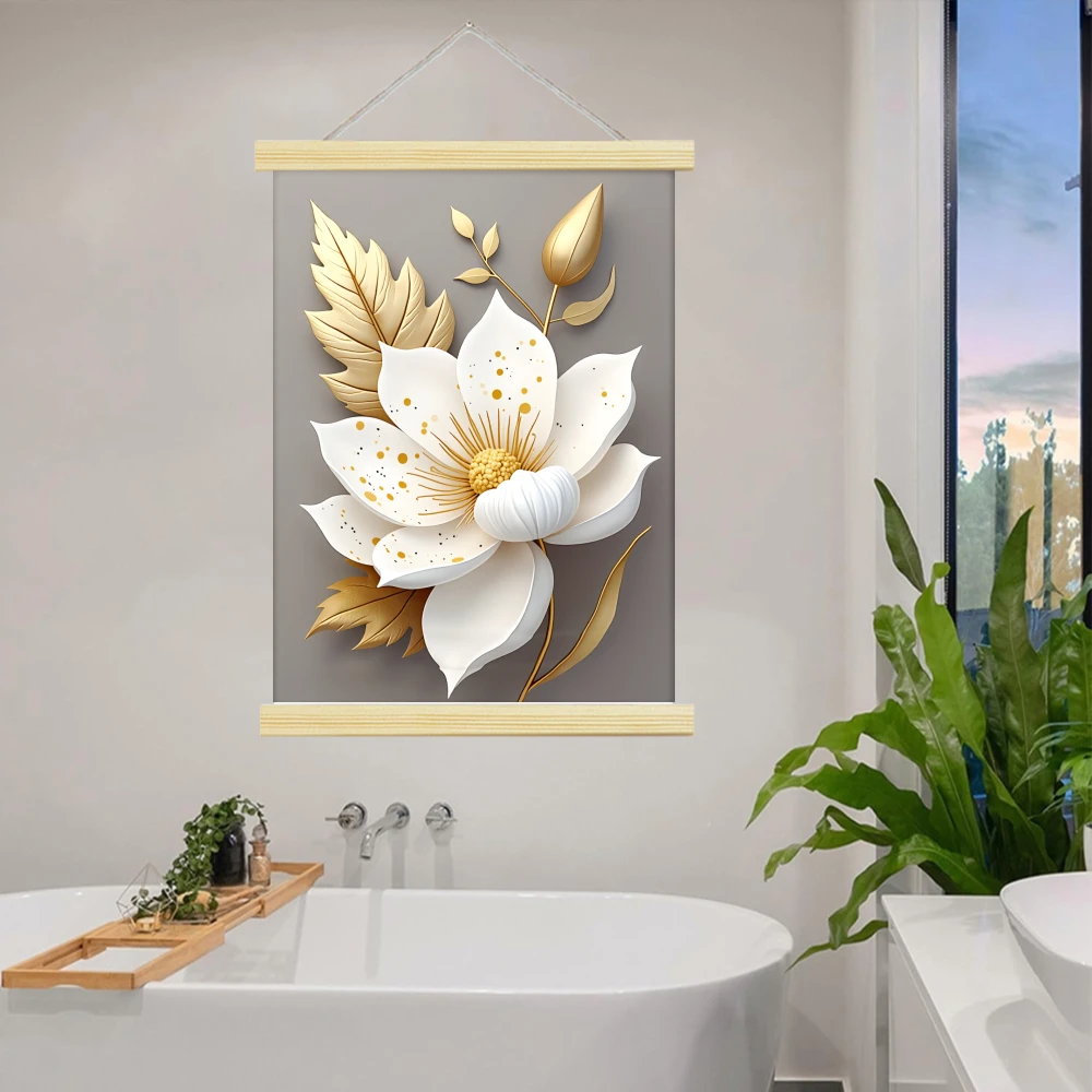 2D Flat 1pcs Elegant Floral Scroll Hanging Canvas Poster Hanger Wall Art Modern Minimalist White Flower Art with Golden Accents