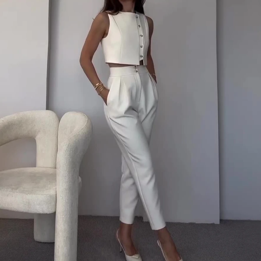 Vest Tops Two Piece Sets Women Pants Set Round Neck Sleeveless White Button High Waist Wide Leg Long Pants Slim Fit Elegant