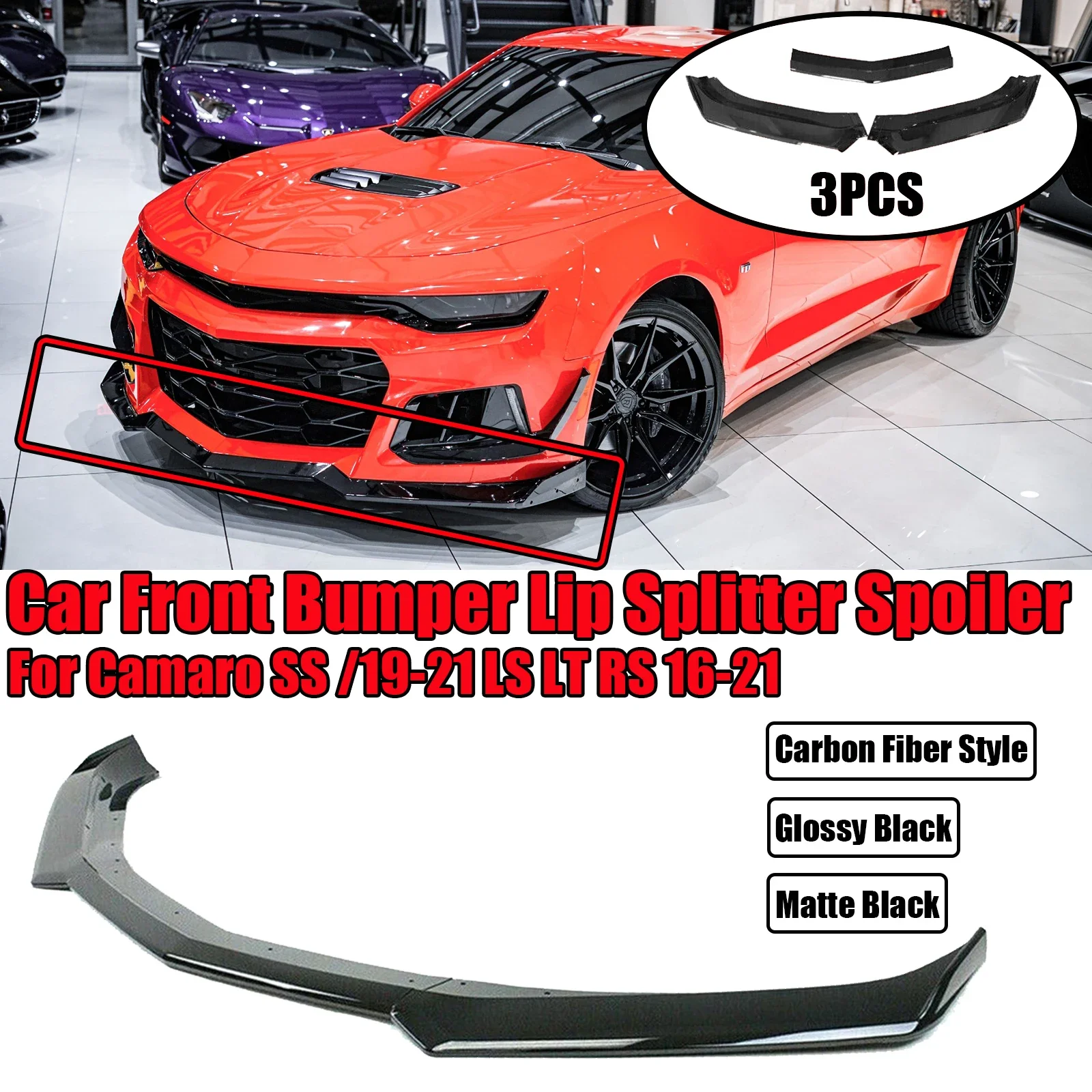 

3PCS For 2016-2024 Chevy Camaro SS / 2019-2024 LS LT RS Car Front Bumper Lip Splitter Spoiler Body Kit Carbon Fiber Style