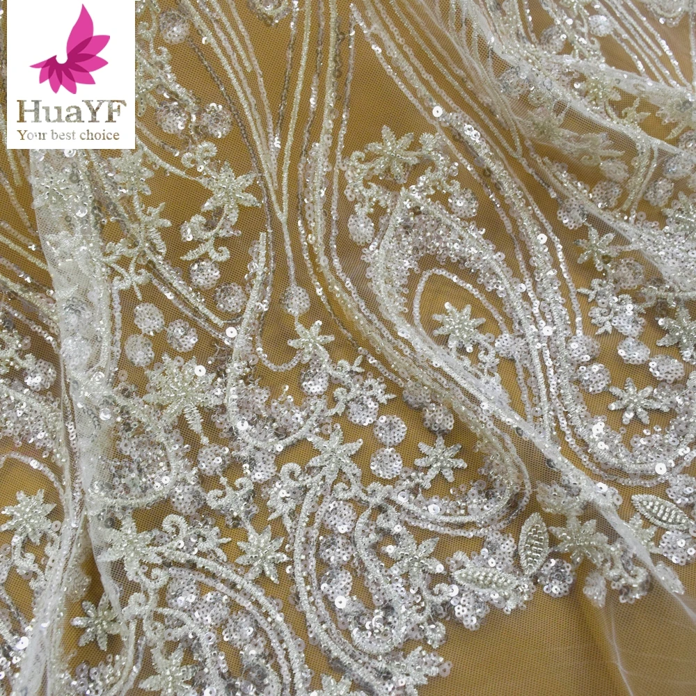 

1 Yard High-end French Silver Wire White Heavy Bead Embroidered Sequin Wedding Lace Dress Fabric HY1863-1