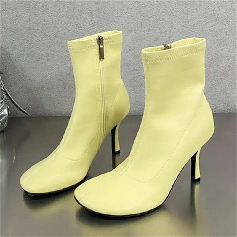 Fashion Women Short Boots  Round Toe Thin High Heels Women Boots 2025 Spring Autumn Zipper SEXY Designer  Ankle Boots Women