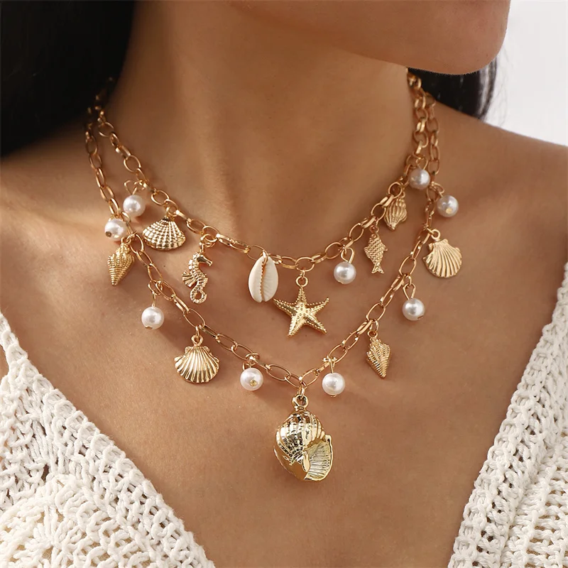 

Summer Ocean Wind Sea Star Conch Shell Pearl Necklace For Women Vacation Beach Tassel Necklace Marine Animals Atmosphere Jewelry