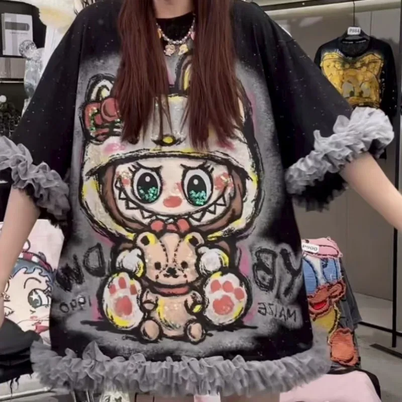 Y2K personalized anime cartoon graphic women clothing high street fashion trend top TiKi shirt 2025 casual loose short-sleeved