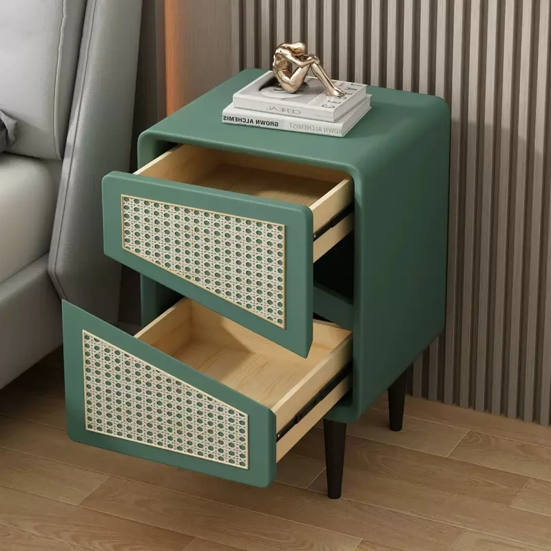 Creative Wooden 2 Drawers Bedside Table Nordic Style Rattan PU Leather Bedroom Nightstand Storage Side Cabinet