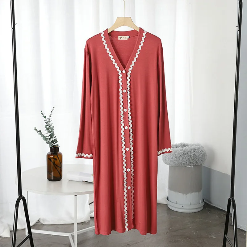 Plus Size Women Nightgowns Autumn Long Sleeve Fashion Button Sleepwear Dress Loose Casual Home Wear Pajamas Nightdress Female