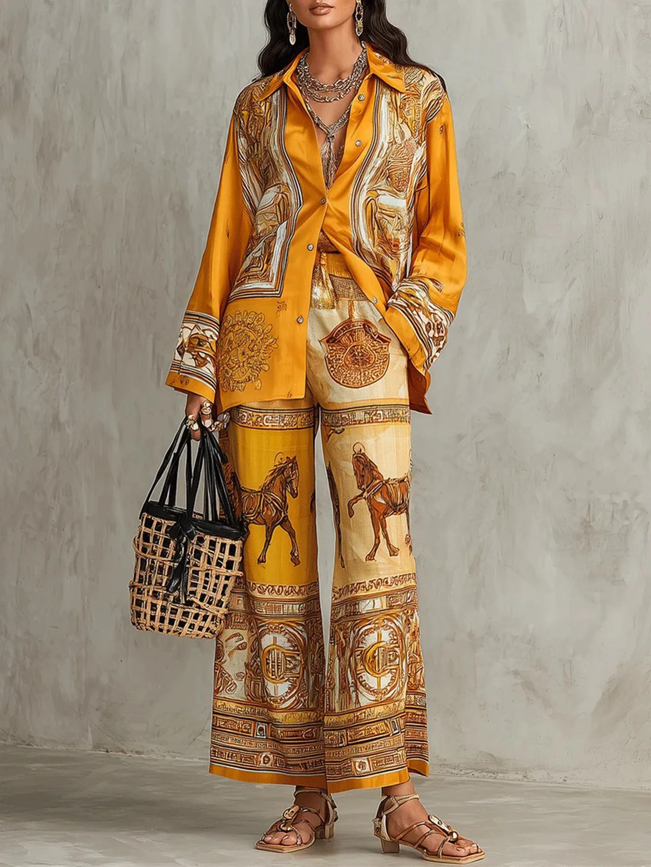 Vintage Women Satin Two‑Piece Set Horse Graphic Print Lapel Long Sleeve Shirts with Wide Leg Trousers Elegant Casual Outfit Suit