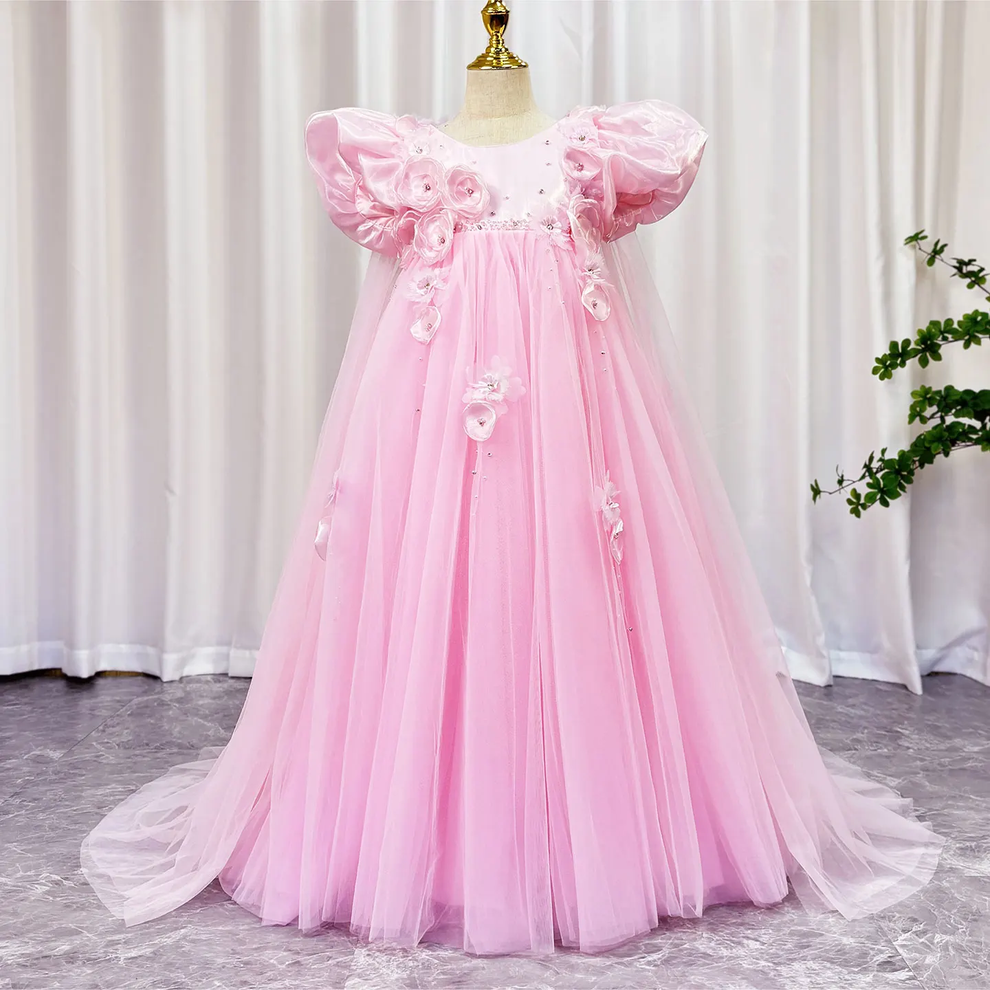 فساتين فتاة الزهور العربية باللون الأزرق السماوي كريستال مع كيب زهور ثلاثية الأبعاد وأكمام منتفخة لحفلات الزفاف وأعياد الميلاد للأطفال #5