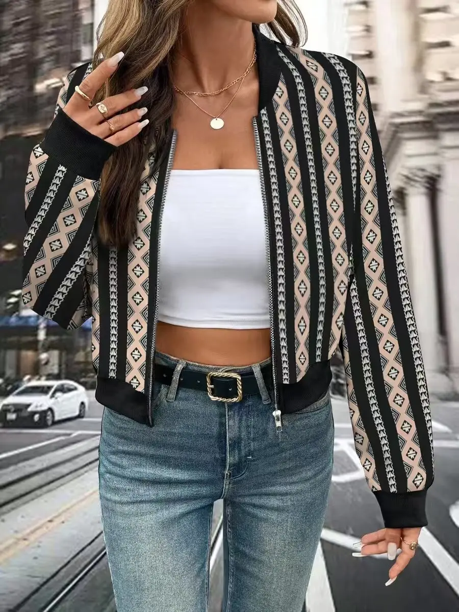 Women's Spring and Autumn Fashion Printed Zipper Jacket - Machine Washable