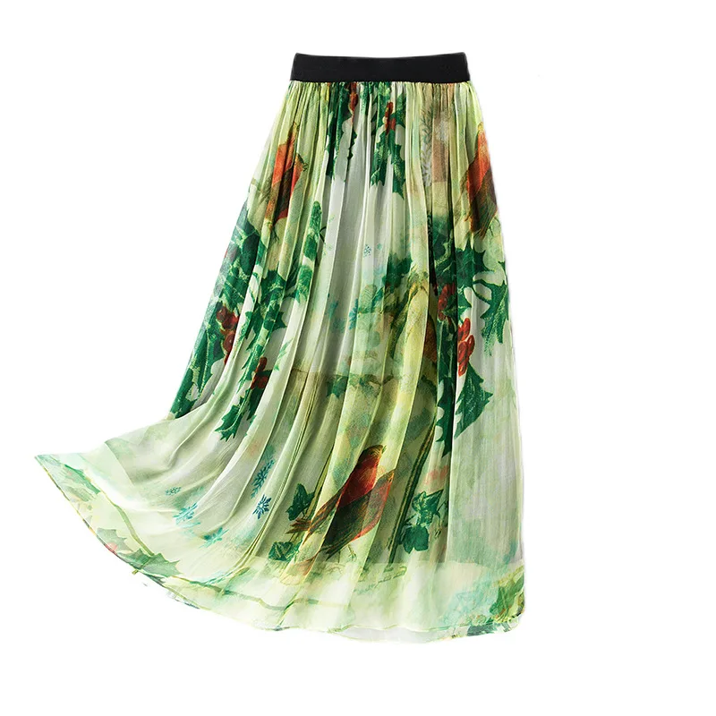 Winsleter, Real Silk Elegant Skirts, Women Elastic Waisted Printed, Beach Vacation Retro OL Skirt, 2024 Summer Autumn B47125QM