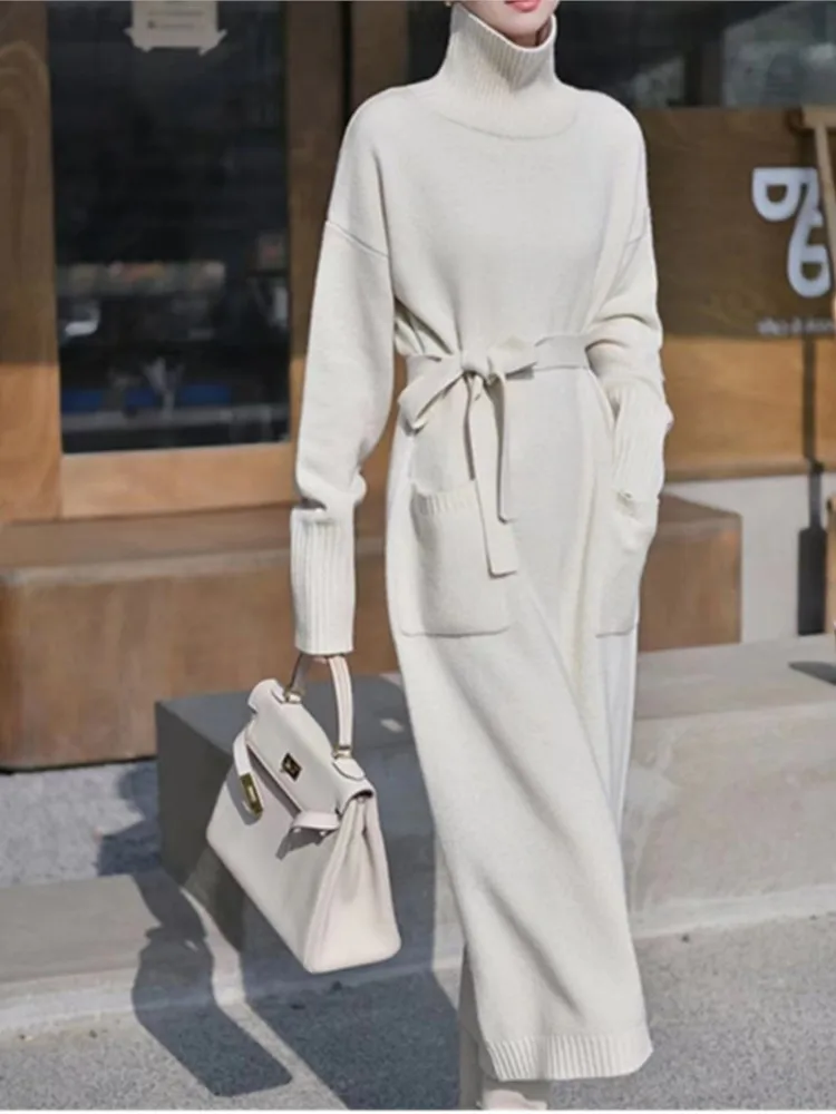 

Autumn Winter dress Women's Pullover Dresses V-neck Solid color Streetwear Fashion Loose Sweater Dress Elegant Female Clothing