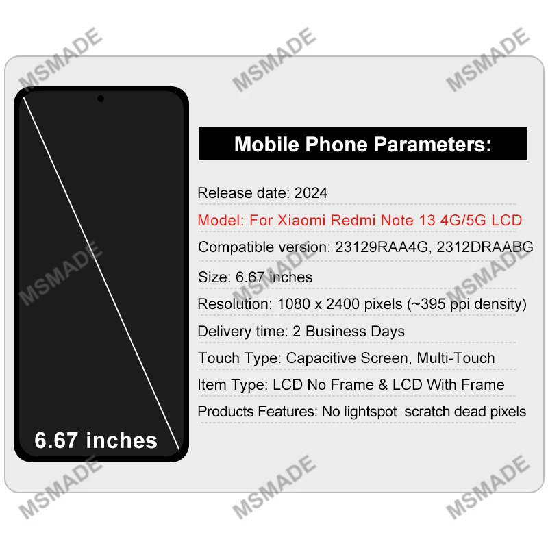AMOLED For Xiaomi Redmi Note 13 4G LCD Display 23129RAA4G 2312DRAAB Touch Screen Digitizer Assembly For Redmi Note 13 5G Display