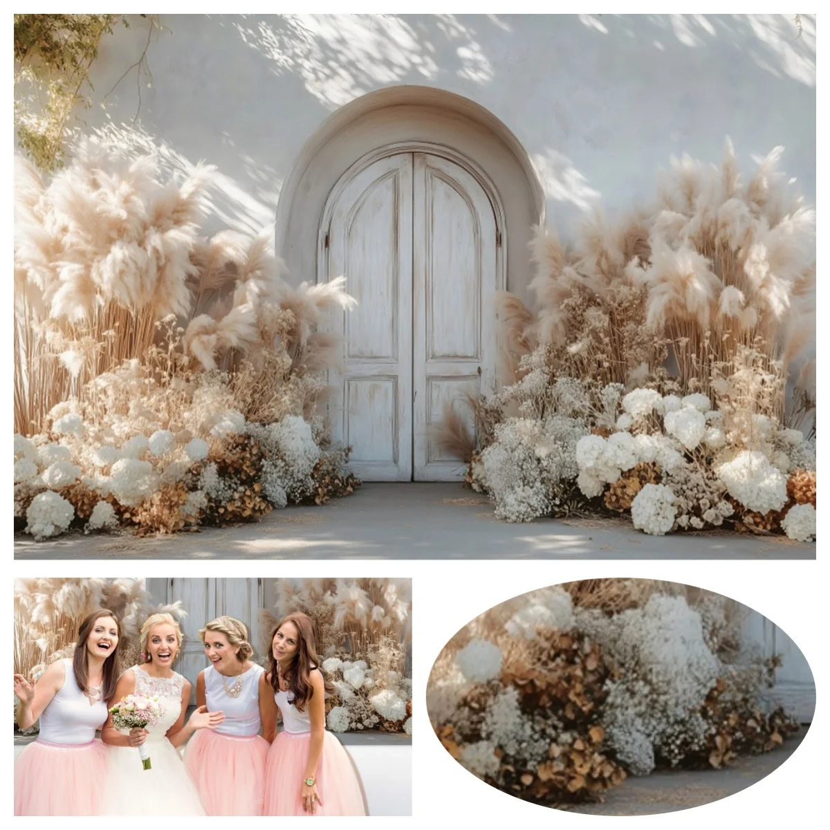 Boho Arch Door Photography Background Vintage Bohemia Pampas Grass Grey Wall Birthday Wedding Pregnant decoration Backdrop Photo