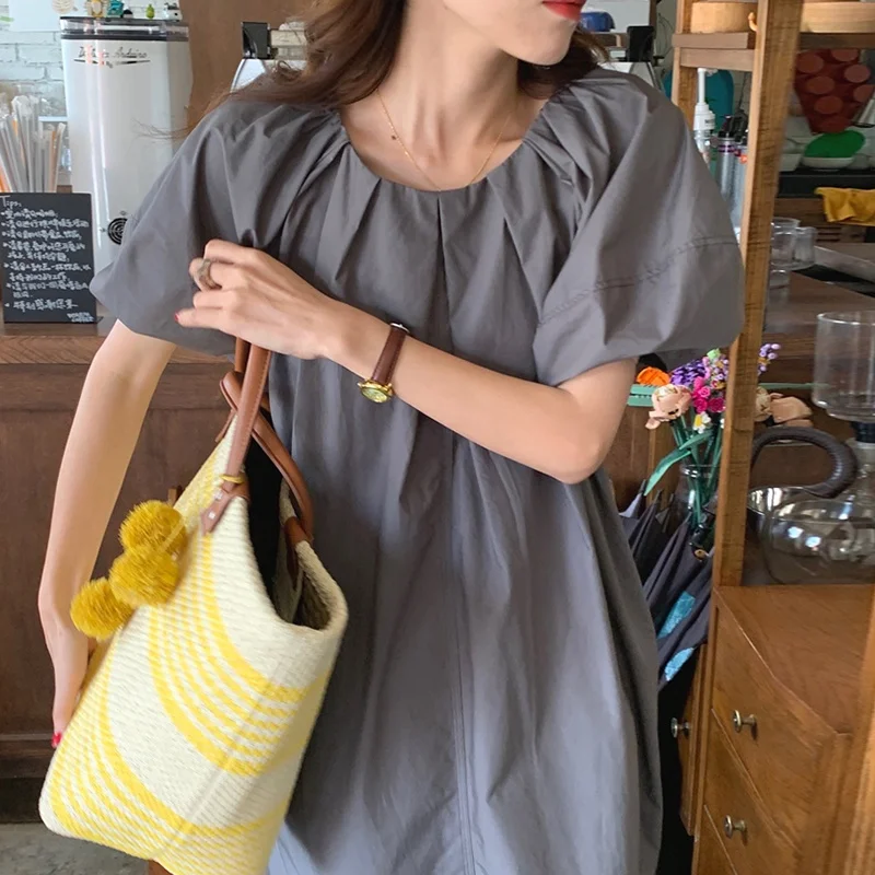 Chic Summer Loose Long Bubble Sve Round Ne Pure Color Dr เกาหลี Sle Casual Ele Split Ba Dr สําหรับผู้หญิง