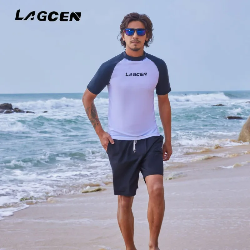 Summer Men Swimming Suit Beach T-Shirts Quick-Dry Breathable Sports Surfing Suit Short Sleeve Sunscreen Rash Guard