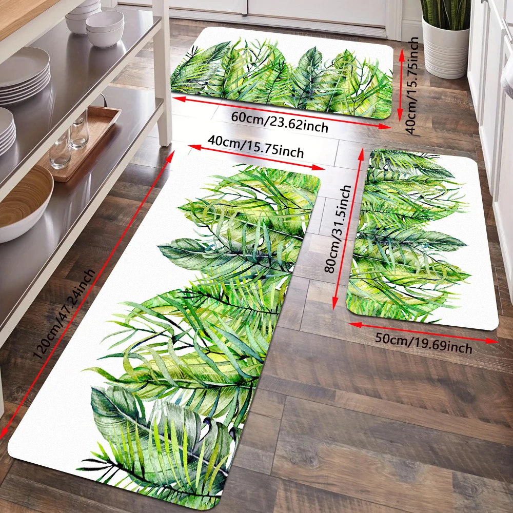 Tropical Green Leaves Kitchen Floor Rug Set Watercolor Plant Entrance Doormat Flannel Absorbent Bath Mat Non-Slip Room Carpets