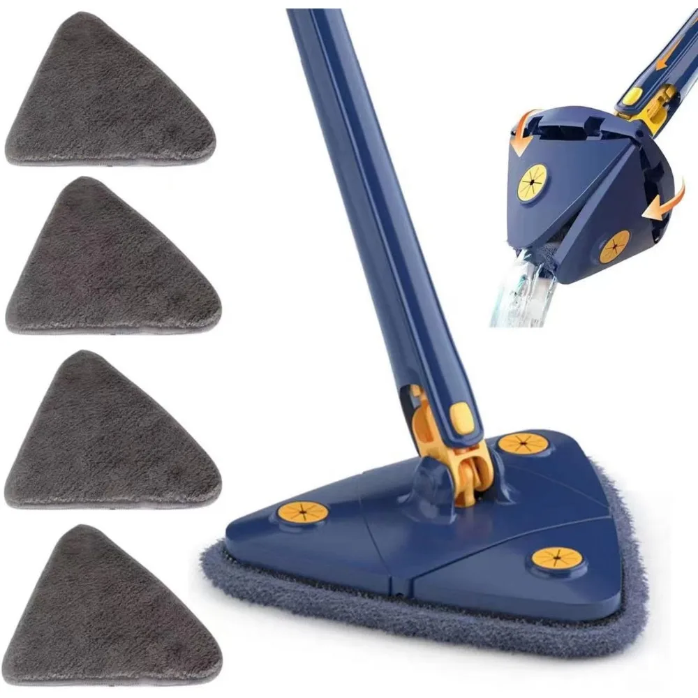 

360 Rotating Adjustable Triangle Mop 52 inch Telescopic Handle Auto Squeeze Floor Window Ceiling 4 Spare Pads