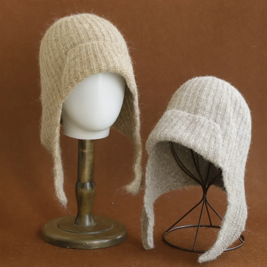 New Wool Women's Winter Knitted Hats Cute Lace-up Students Pullover Hat Autumn Winter Warm Windproof Earflap Beanies Female