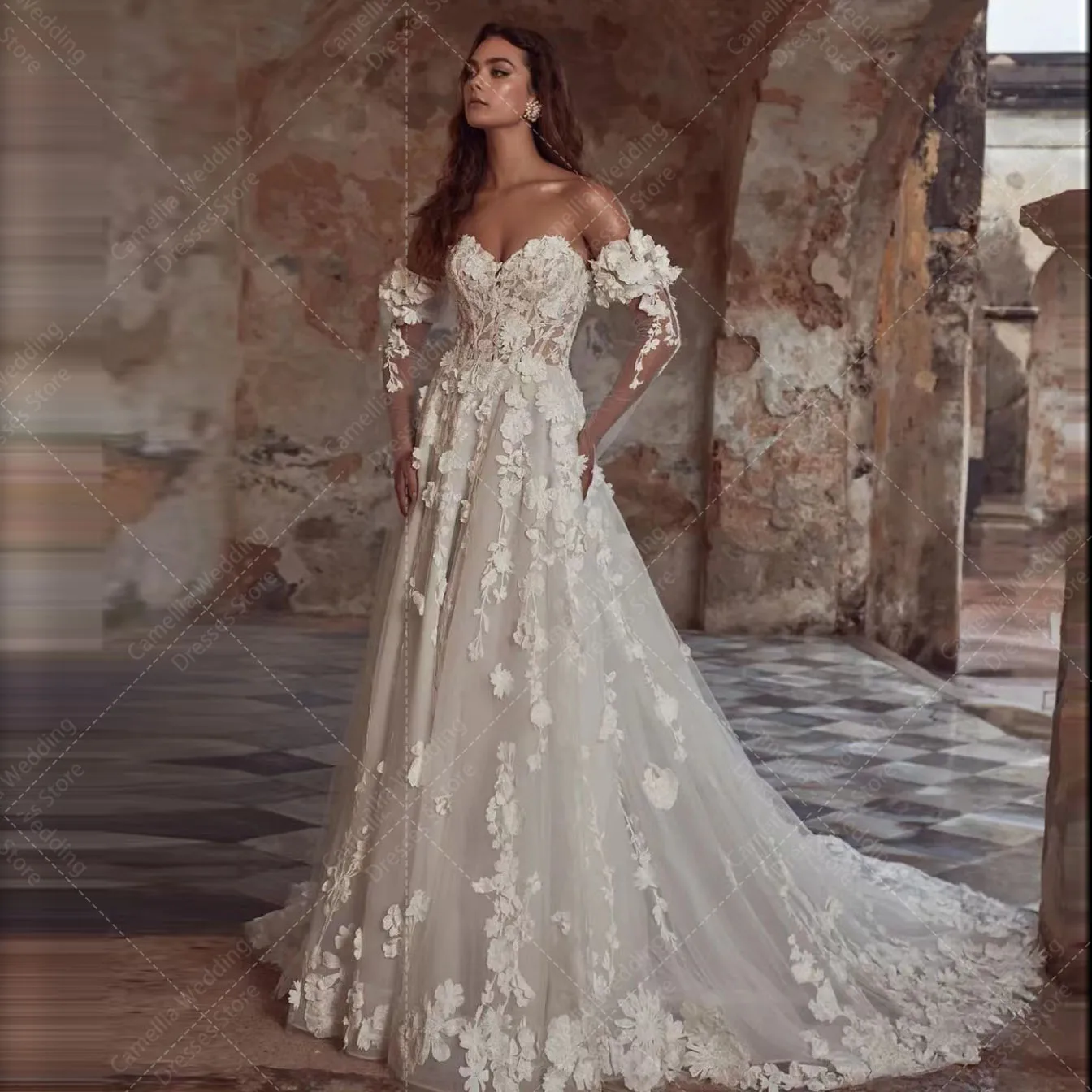 Vestidos de casamento feminino em linha, aplique 3D floridos, vestidos de noiva princesa, elegante e luxuoso, pastoral, formal